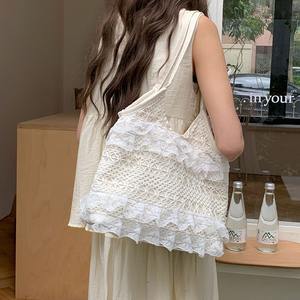 Bolso de mano de malla de encaje etéreo, bolso de hombro beige de gran capacidad para mujer, atuendos diarios, verano 2024 - Product Image 3