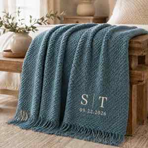 Custom Embroidered Knitted <b>Throw</b> Blanket with Name & Date, Textured Knit <b>Sofa</b> Blanket with Elegant Tassel Fringe, Wedding Gift - Product Image 1