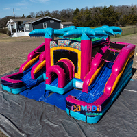 Structure gonflable commerciale combinée toboggan double et piscine, toboggan aquatique en PVC, toboggan tropical croisé double avec piscine.