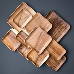 Serving Plates Dishes Dishes Snack Dessert Eco Friendly Natural Custom Acacia Wooden Serving Tray Wood Dinner Plate Set