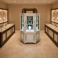 Vitrine à bijoux de style baroque français, vitrine hexagonale en verre avec éclairage LED intégré, cadre en or blanc ivoire