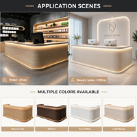 Comptoir de réception en bois E1 en forme de L avec coins arrondis et éclairage LED chaud, OEM ODM, comptoir de caisse personnalisé pour salon de beauté