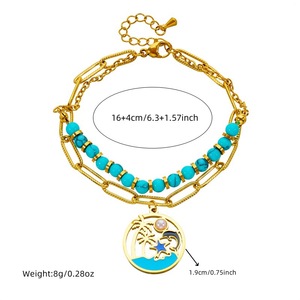 Fashionable Turquoise Beaded Double Layer Chain Stainless Steel Marine Life Pendant Necklace <b>Bracelet</b> <b>Set</b> Women's Party Jewelry - Product Image 5