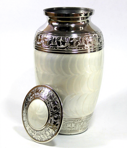 Elegante Urna Decorativa Blanca para Cremación con Tapa Plateada Grabada, Urna Conmemorativa para Cenizas Humanas, Recuerdo Funerario para el Hogar - Product Image 2