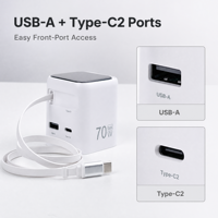 Chargeur rapide USB-C PD 65 Watts avec câble rétractable, prise US, charge rapide, ignifuge, type C