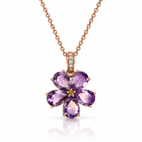 Kalung Perak Sterling 925 Berlapis Emas Rose dengan Liontin Bunga Lima Kelopak Amethyst Ungu untuk Wanita Perhiasan Berkualitas