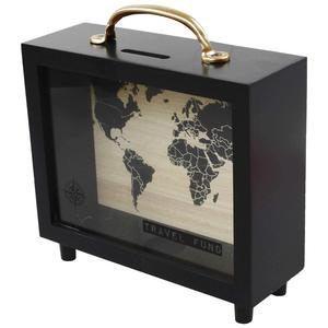 ZYX valise noire Style carte du monde fonds de voyage boîte de banque d'épargne d'argent, tirelire en bois noir - Product Image 1