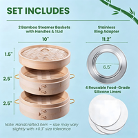 Bambus-Dampfgarkorb-Set, 10 Zoll Extra Tiefer Bambus-Dampfgarkorb mit Einfachen Hebe-Griffen für Dumplings
