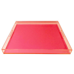 Clear Plexiglass Cosmetics <strong>Makeups</strong> Organizer Neon Pink Acrylic <strong>Tray</strong> with Handle - Product Image 1