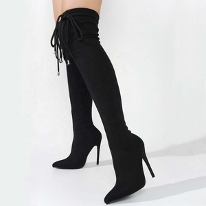 Women Stretch Over Knee High Boots Casual Stiletto Pointed Toe Front Lace up Elastic <b>Shoes</b> Leisure Long Booties - Product Image 4