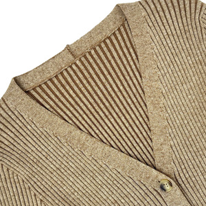 Cárdigan de punto acanalado vertical con cuello en V <span class=keywords><strong>para</strong></span> mujer, color camel liso, manga larga, abotonado, corte ajustado, estilo minimalista <span class=keywords><strong>para</strong></span> el día a día - Product Image 3