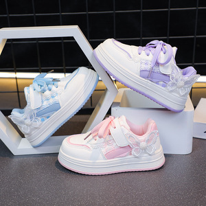 2025 Girls' Blue/Purple/Pink Artificial Leather Student Sneakers Fashionable Butterfly Design All-Match Casual <b>Velcro</b> Kids' - Product Image 2