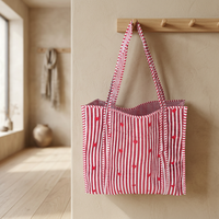 Tas Tote Kain Katun Ringan Warna Solid Merah Putih Gaya Bohemian Hati dengan Ritsleting Desain Berlapis Luas untuk Penggunaan Sehari-hari