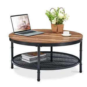 Meuble de salon à cadre métallique, <span class=keywords><strong>table</strong></span> <span class=keywords><strong>basse</strong></span> <span class=keywords><strong>ronde</strong></span> en bois mdf à 2 niveaux <span class=keywords><strong>avec</strong></span> étagère de rangement - Product Image 1