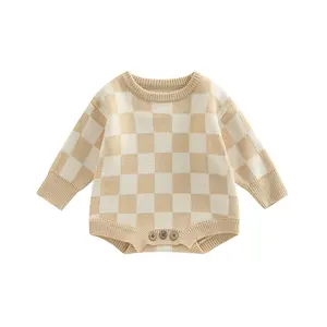 Newborn Baby Knitted Romper Warm Fall Winter Casual Long Sleeve Round Neck Checkerboard Print Sweater Bodysuit Infant 0-24 M