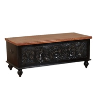 Coffre de rangement en bois sculpté à la main, finition noire et noyer, banc d'entrée au design Mandala