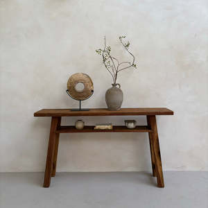Antique Recycled Pine Wood Console Side Table <b>Space</b>-<b>Saving</b> Home Office <b>Desk</b> Furniture Metal Frame Shelf Living Room Dining Area - Product Image 1