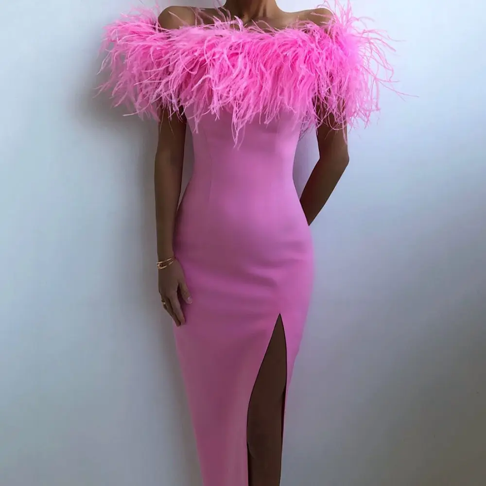 Women для Off Shoulder Feather Design Dress, Elegant Party Dresses, Tight Fitting, Lady, Summer, hot Sale, 2022