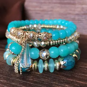 Go Party 4Pcs/Set Ethnic Style Bohemian Jewelry Handmade Elastic String Multilayer Glass Crystal Tassel Beads Bracelets Women