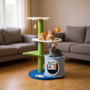 Arbre à chat 34,5 pouces à 4 niveaux avec condo et griffoir pour chats, design floral bleu, en bois écologique - Product Image 2
