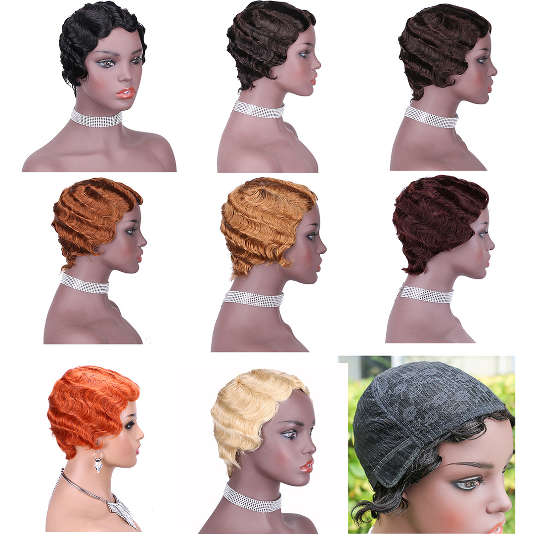 wig short finger wave human hair for women brown short ocean wave pixie cut natural color