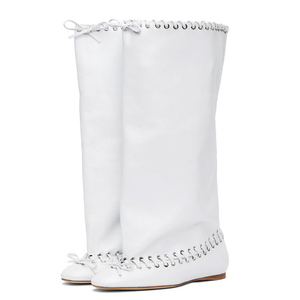 Custom Loose Pleated Upper on Shoes Front Bow Slouchy Flat <b>Long</b> Boots Women's Top String Tangled Baggy Knee High Booties - Product Image 5