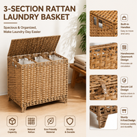 Cesto de Ropa Sucia Grande de Ratán con 3 Secciones y 6 Bolsas Interiores Extraíbles para Almacenamiento de Ropa y Baño, Multifuncional y Ahorrador de Espacio