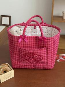 Nouvel Arrivage Panier de Rangement en Coton Rouge à Carreaux avec Nœud, Esthétique, pour Articles Divers, Portable, Panier à Linge - Product Image 4