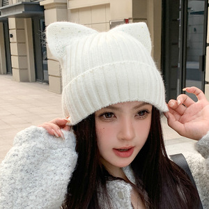 Damen Mode Angora Kaninchenwolle Gestrickte Mütze mit Kristall Glänzenden Strasssteinen Pailletten Katzenohren - Product Image 6