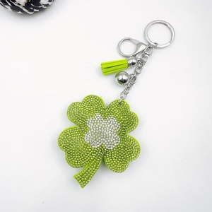 New Sparkling Diamond <b>Studded</b> Shamrock Clover Key Chains Korean Flannel Tassel Keyring Car <b>Bag</b> Pendant for St.Patrick's Day Gift - Product Image 3
