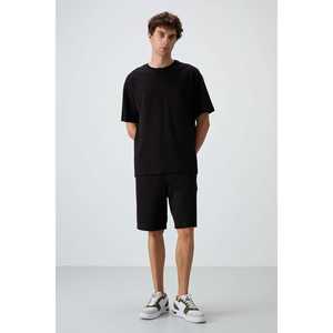 ชุดกางเกงขาสั้นผู้ชายทรงโอเวอร์ไซส์ผ้าฝ้ายสีดำ 100% ผ้าฝ้ายเนื้อพื้นฐาน รุ่น 85249 - Product Image 2