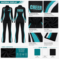 Set Pemanasan Cheerleading Starburst Rhinestone Warna Teal Hitam Jaket Full Zip Custom dengan Cetakan Anti-Luntur untuk Tim Cheerleading