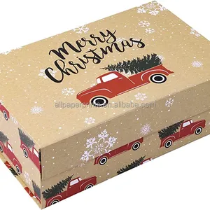 ふた付きクリスマスギフトボックス-14x9x4.3インチの赤いトラック、クリスマスツリーデザインのギフトボックス、磁気付き折りたたみ式ギフトボックス
