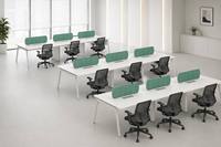 Poste de travail en open space pour 4, 6 ou 8 personnes avec gestion des câbles, structure en acier thermolaqué, plateau en MFC de qualité E0, bureau de bureau
