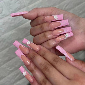 Ongles artificiels en forme de cercueil français, en gros, rose, paillettes, fleur, <span class=keywords><strong>Faux</strong></span> Ongles, presse sur les Ongles, <span class=keywords><strong>Faux</strong></span> Ongles - Product Image 1