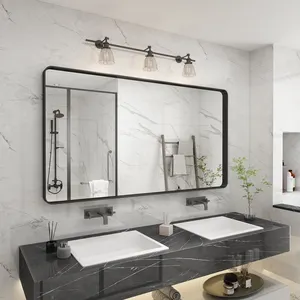Зеркало настенное для черного зеркала в ванной, прямоугольная стеклянная панель, алюминиевая металлическая рама, зеркало с закругленным углом