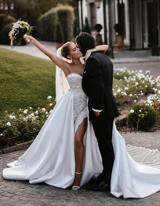 Ruolai HL570 vaina sin mangas pierna hendidura encaje desmontable arco cinturón satén sobrefalda 2 en 1 vestidos de novia para novia - Product Image 4
