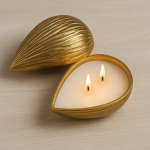 Pot à bougie en forme d'amande, en métal doré, luxueux, décoratif, pour la décoration de la maison, les mariages, les fêtes et les cadeaux - Product Image 1