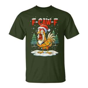 Camiseta navideña con diseño de pollo F-Caw-F, gorro de Papá Noel y luces - Product Image 1