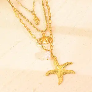DAIHE2024 Sommer neue Mode Drei-Schichten-Starfish-Perlen-Anhänger-Halsband Damen bohemianische Feiertagsakcessoires