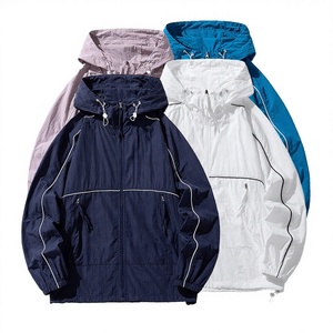 Custom Coated Spring Casual <b>Lightweight</b> Windproof Hooded Zipper <b>Jacket</b> <b>for</b> <b>Men</b> in Navy White Blue Pink Solid Color - Product Image 3