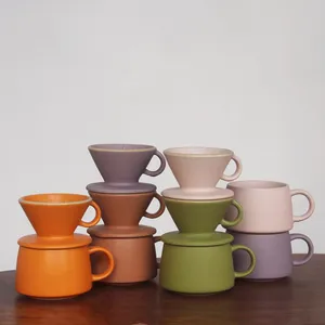 Juego de goteros de café personalizados de fondo plano esmaltado al por mayor, colador para verter sobre gotero de café de cerámica con taza