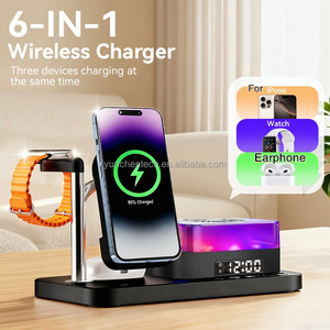 Veilleuse RGB multifonctionnelle tendance 6-en-1 avec chargeur sans fil, haut-parleur Bluetooth et réveil pour <span class=keywords><strong>iPhone</strong></span>, Apple Watch, écouteurs et ordinateur de bureau - Product Image 2