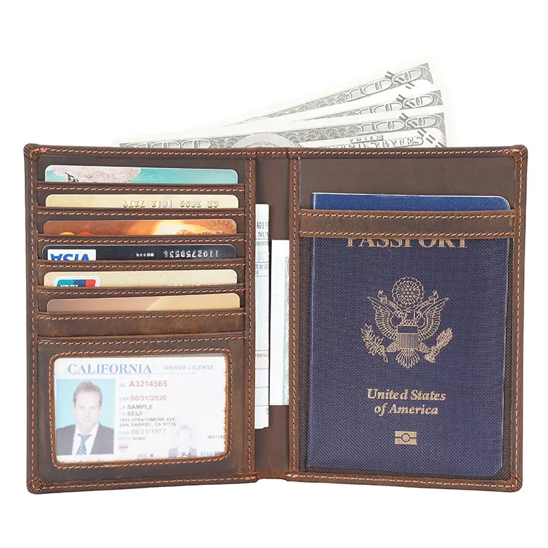 TIIDNG Custom Logo Vintage Men's Travel Bifold Wallet RFID Blocking Crazy Horse Leather Passport Holder