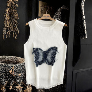 Débardeur en maille décontracté et respirant à coupe ajustée avec applique papillon, ourlet à pompons, col rond, sans manches, polyvalent et tendance pour femme - Product Image 3