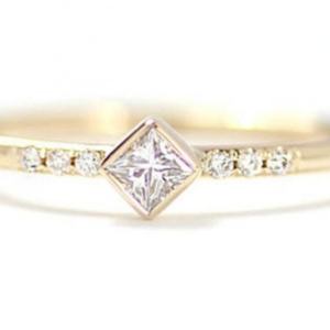 925 Sterling Silver Jewelry Plated Yellow Gold Square Cut <b>Dainty</b> <b>Ring</b> Moissanite <b>Ring</b> Set - Product Image 2