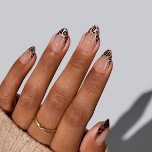 OEM ODM Kit de faux ongles courts en amande, en gel souple, motifs léopard marron et œil de chat français, à presser, vente en gros, fournitures - Product Image 1