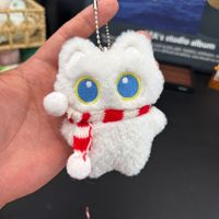 Porte-clés en peluche chat blanc aux grands yeux avec écharpe rouge et blanche, breloque de sac en peluche douce, chaîne à billes pour sac à dos, cadeau