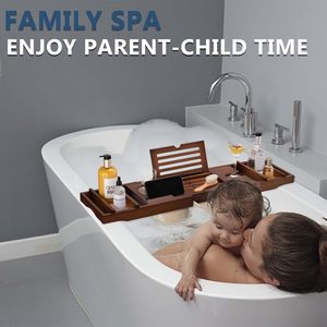 Accesorios de baño extensibles de <span class=keywords><strong>madera</strong></span>, <span class=keywords><strong>bandeja</strong></span> Caddy para <span class=keywords><strong>bañera</strong></span> de teca, <span class=keywords><strong>bandeja</strong></span> plegable para mesa de baño con soporte para libro y copa de vino - Product Image 6
