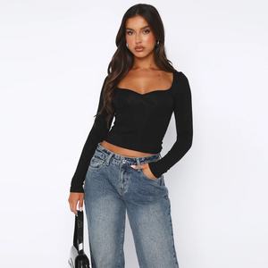 Camisetas de nailon casuales básicas de manga larga con cuello redondo y ajuste ceñido de color liso para mujer, estilo crop top, ideales para otoño, ¡las más vendidas! - Product Image 1